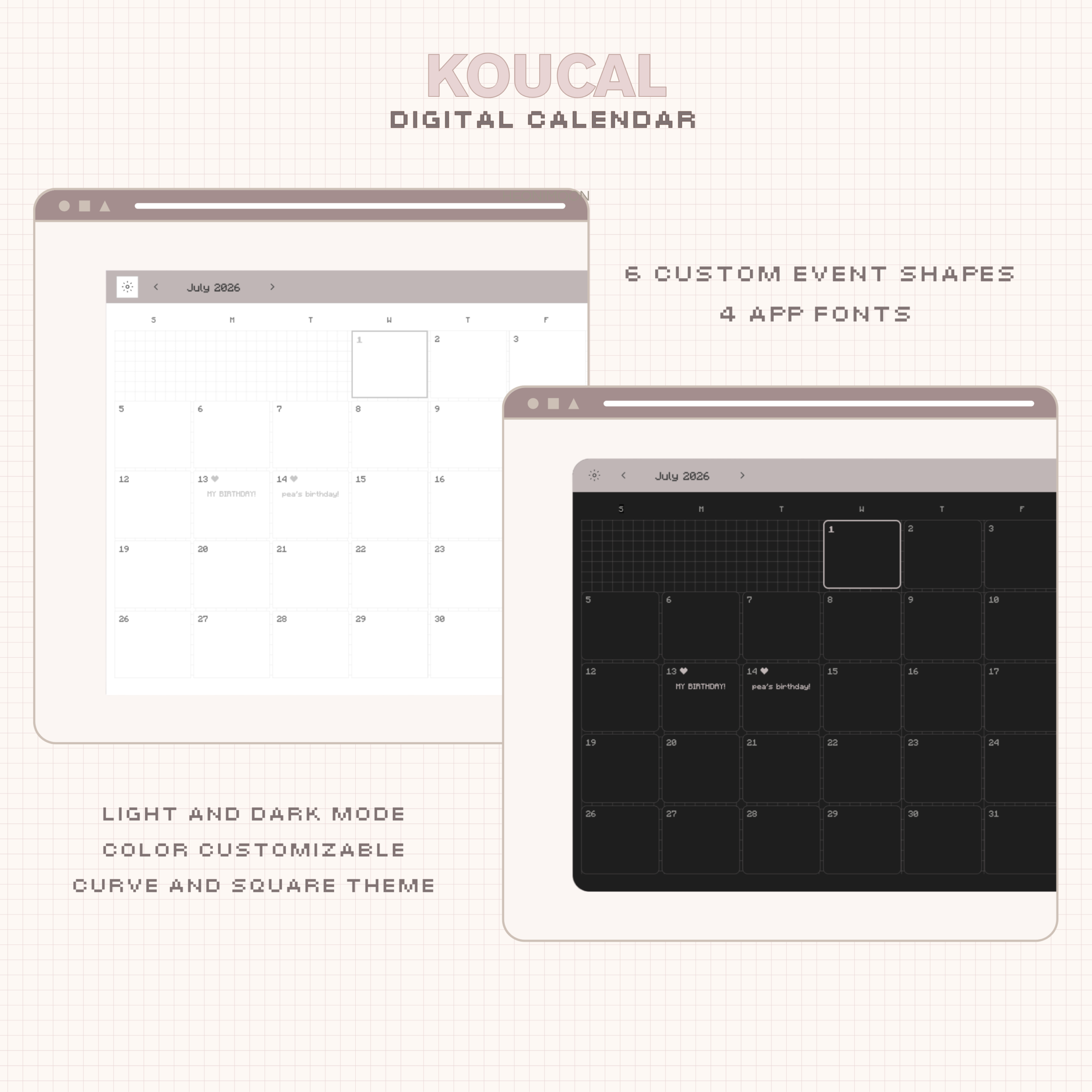 Koucal ― Digital Calendar | Notion Widget | Aesthetic Calendar for Digital Planner