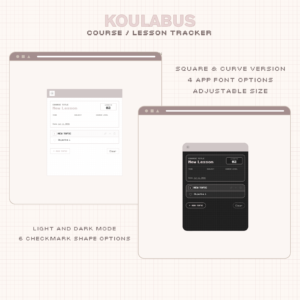 Digital Syllabus Widget for Notion with curved and square display in light and dark mode. Course and Lesson Tracker
