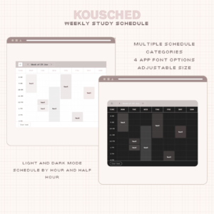 Digital Weekly Schedule Widget for Notion with curved and square display in light and dark mode. Aesthetic study planner and weekly planner.