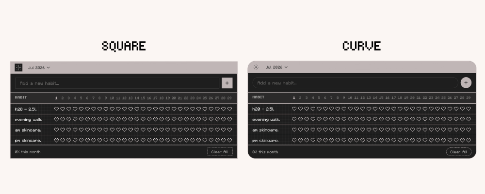 Aesthetic Digital Habit Tracker, Dark Mode, Square and Curve theme. Customizable. Digital Planner Widget