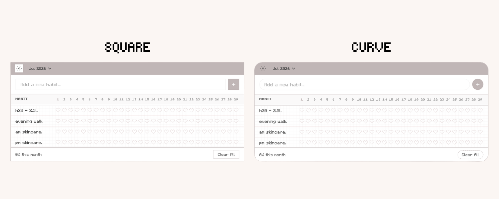 Aesthetic Digital Habit Tracker, Light Mode, Square and Curve theme. Customizable. Digital Planner Widget