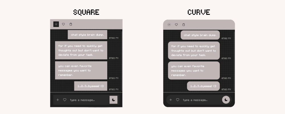Chat-Style Brain Dump Widget for Notion with curved and square display in dark mode. Aesthetic brain dump for digital planner.