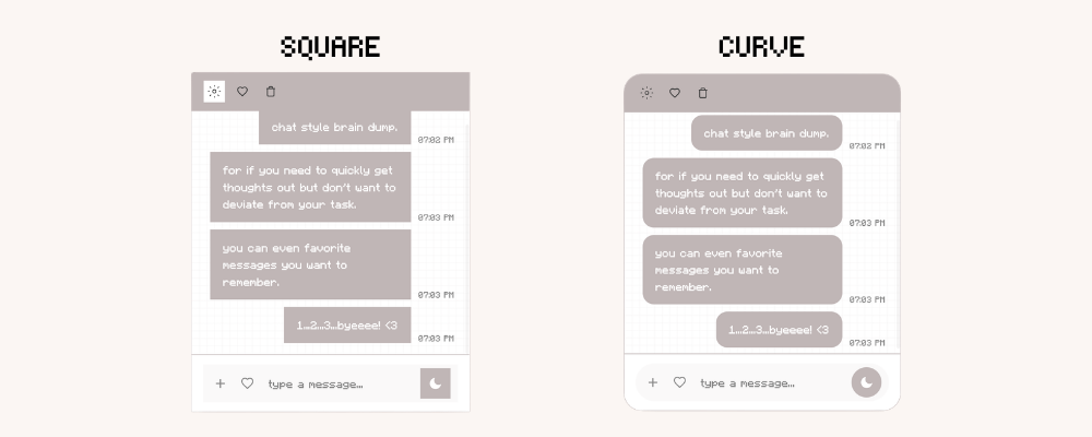 Chat-Style Brain Dump Widget for Notion with curved and square display in light mode. Aesthetic brain dump for digital planner.