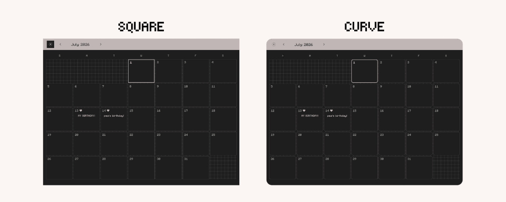 Digital Calendar Widget for Notion with curved and square display in dark mode. Aesthetic calendar for digital planner.