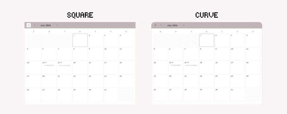 Digital Calendar Widget for Notion with curved and square display in light mode. Aesthetic calendar for digital planner.