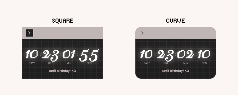 Free Digital Countdown Widget for Notion with curved and square display in dark mode. Free Aesthetic countdown widget for Notion.
