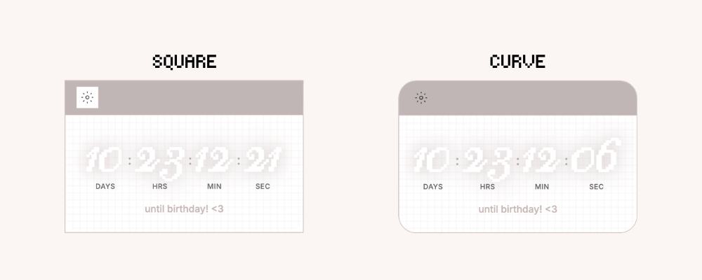 Free Digital Countdown Widget for Notion with curved and square display in light mode. Free Aesthetic countdown widget for Notion.