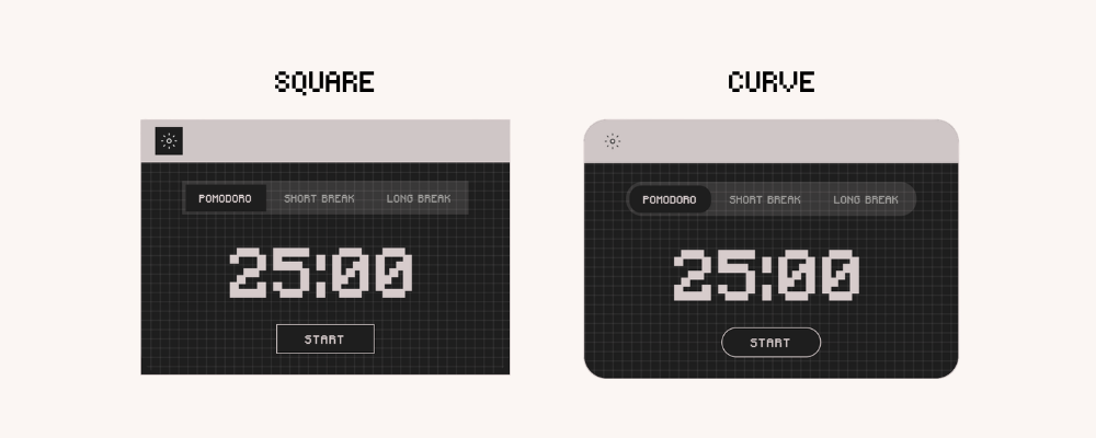 Digital Pomodoro Timer Widget for Notion with curved and square display in dark mode. Aesthetic pomodoro timer for digital planner.