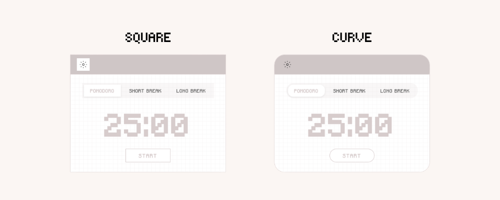 Digital Pomodoro Timer Widget for Notion with curved and square display in light mode. Aesthetic pomodoro timer for digital planner.