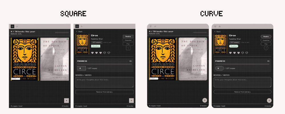 Digital Reading and Book Log Widget for Notion with curved and square display in dark mode. Aesthetic reading log and book log.