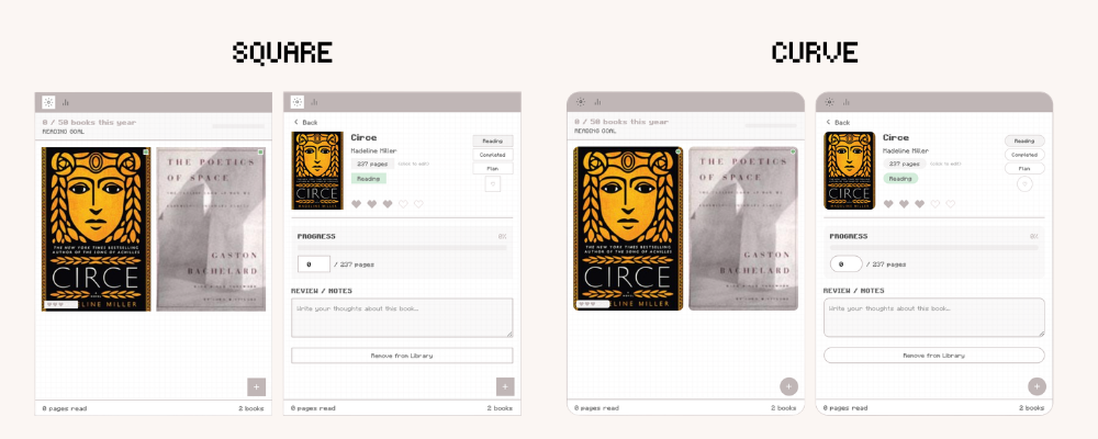 Digital Reading and Book Log Widget for Notion with curved and square display in light mode. Aesthetic reading log and book log.