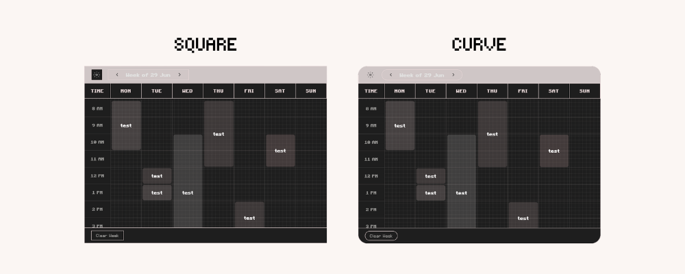 Digital Weekly Schedule Widget for Notion with curved and square display in dark mode. Aesthetic study planner and weekly planner.
