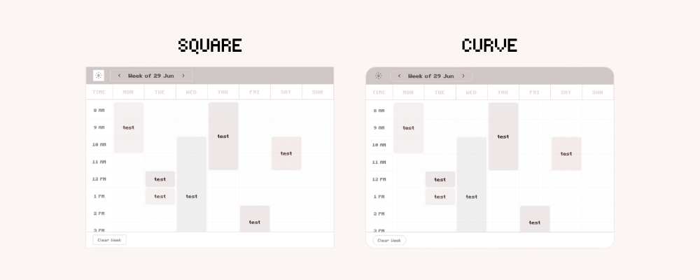 Digital Weekly Schedule Widget for Notion with curved and square display in light mode. Aesthetic study planner and weekly planner.