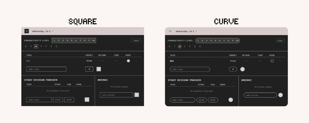 Digital Pomodoro Session Tracker Widget for Notion with curved and square display in dark mode.