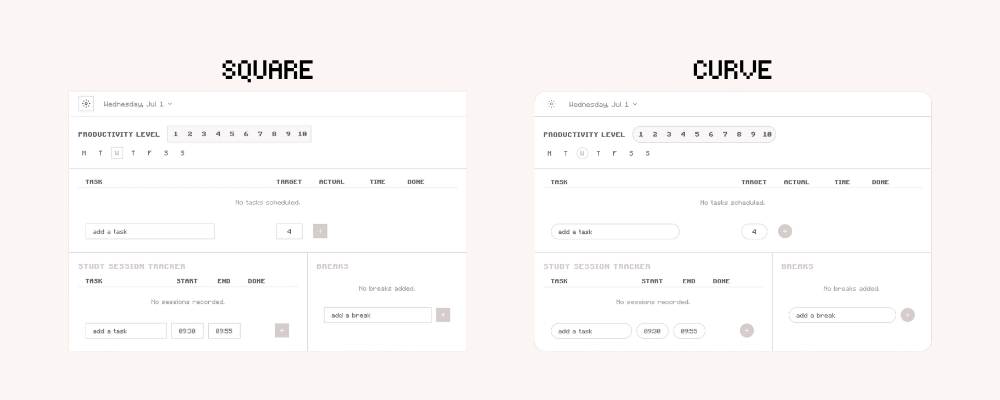 Digital Pomodoro Session Tracker Widget for Notion with curved and square display in light mode.