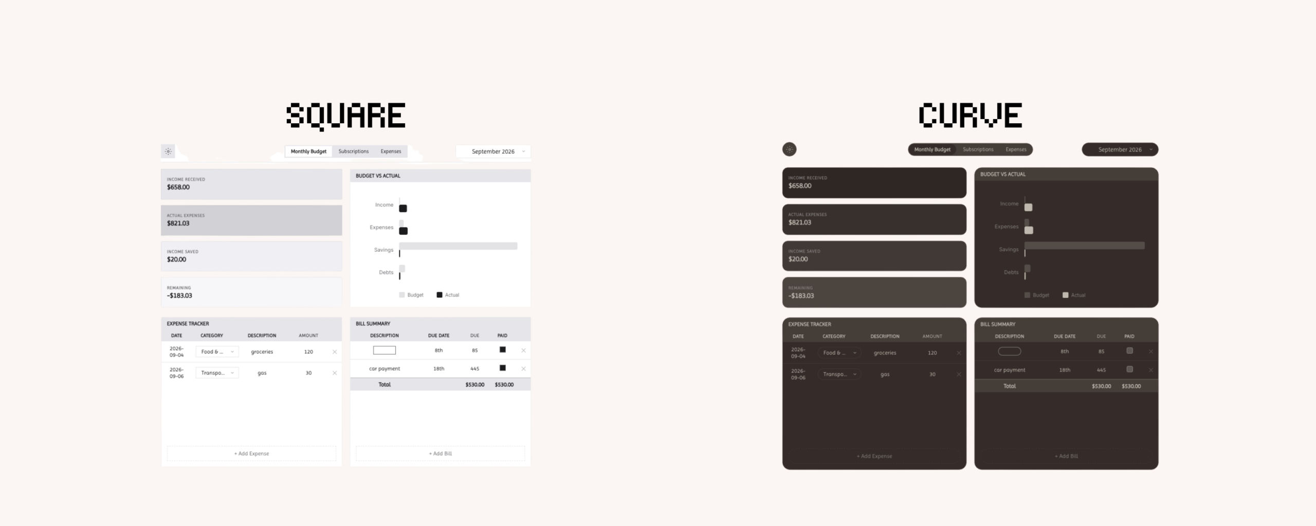 Koucoin's Square and Curve window styles side by side, one light and one dark.